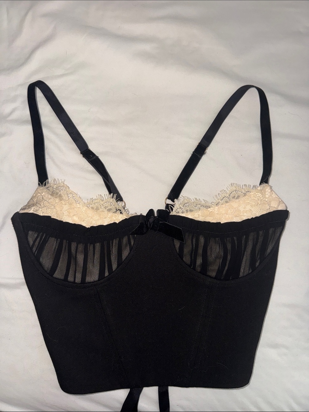 Rumored Black Bustier Crop Top with Cream Lace Trim